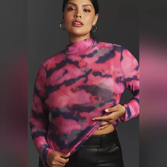 NWT Anthropologie Mesh Turtleneck Mockneck Top Long Sleeve Pink and Purple - Picture 2 of 16